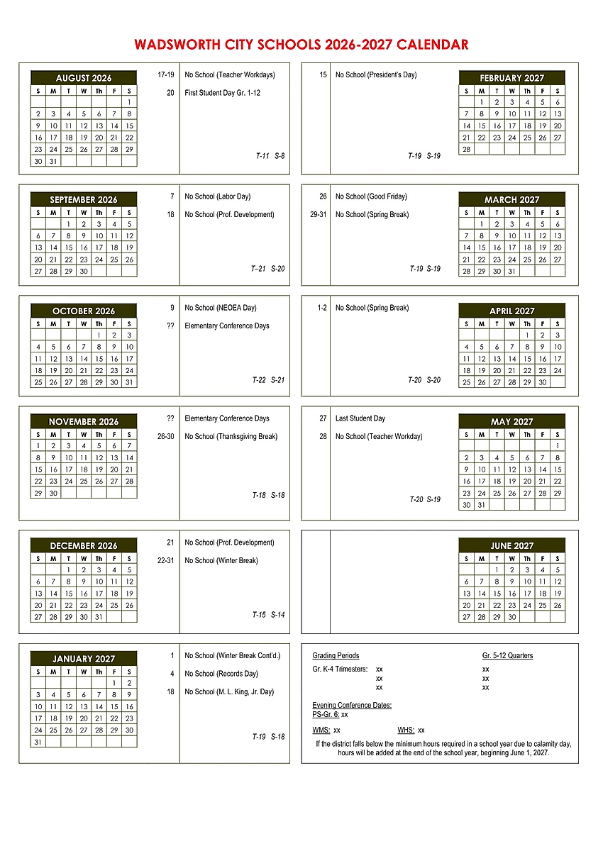 Official Wadsworth City School District district school calendar 2026-2027 original PDF preview