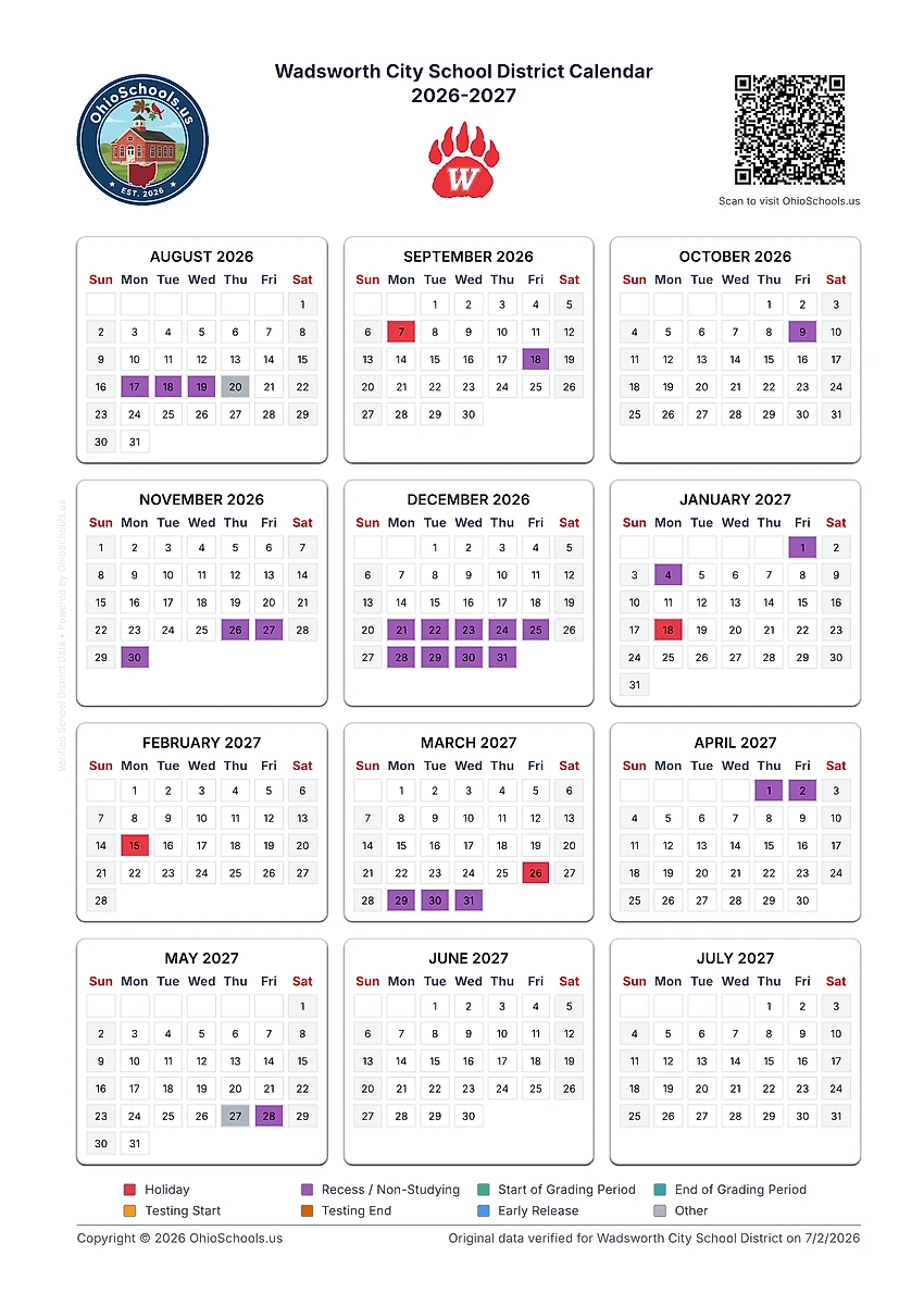 Printable Wadsworth City School District school calendar 2026-2027 by OhioSchools.us