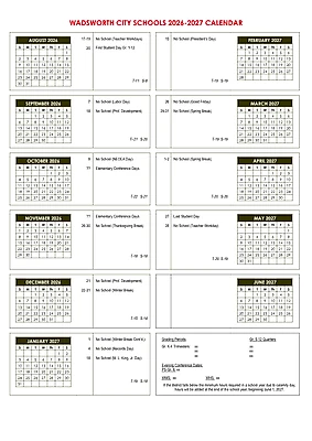 Official Wadsworth City School District district school calendar 2026-2027 original PDF preview