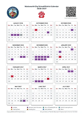Printable Wadsworth City School District school calendar 2026-2027 by OhioSchools.us